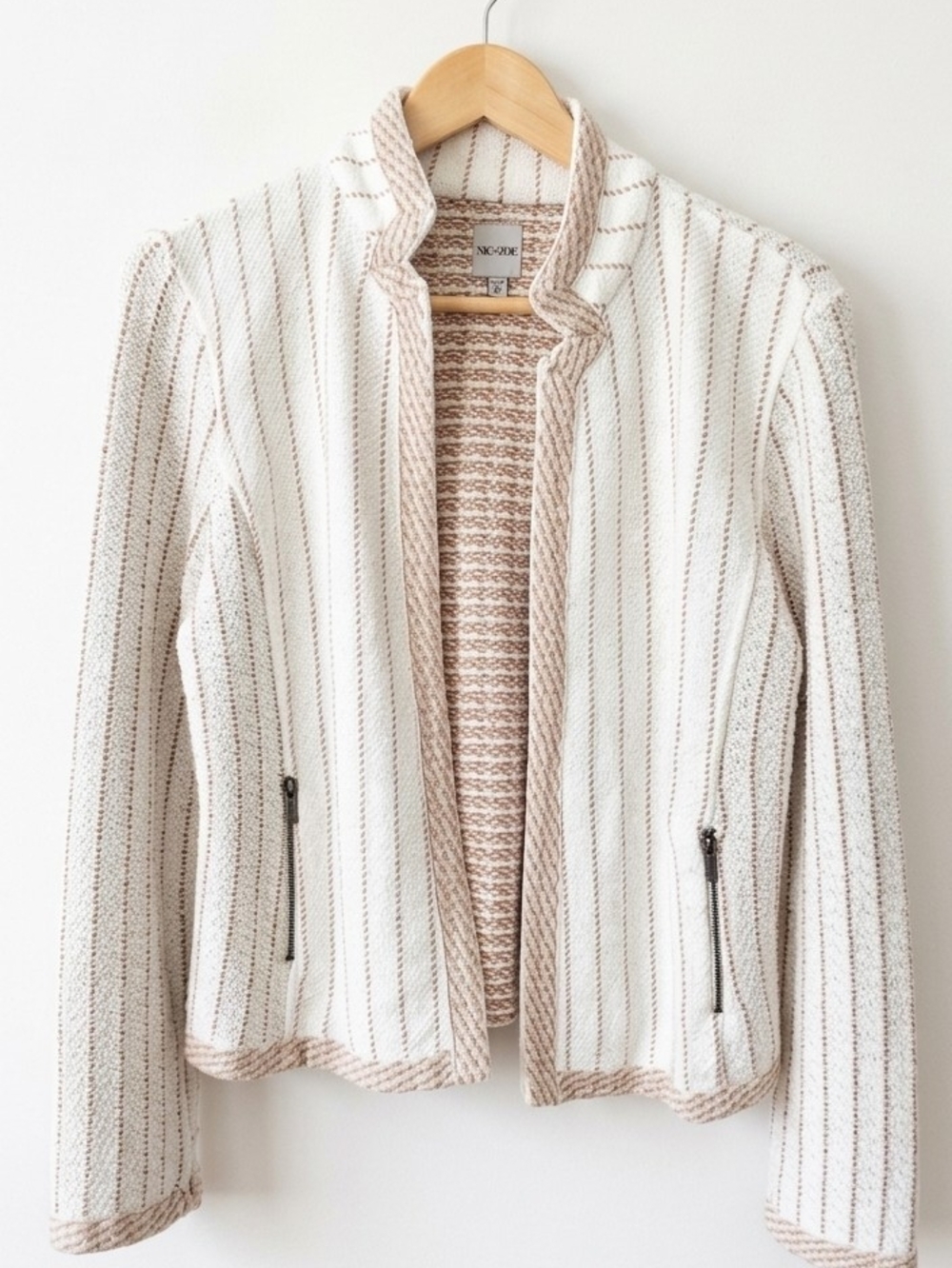 NIC+ZOE Cream Pinstripe Knit Zip Jacket